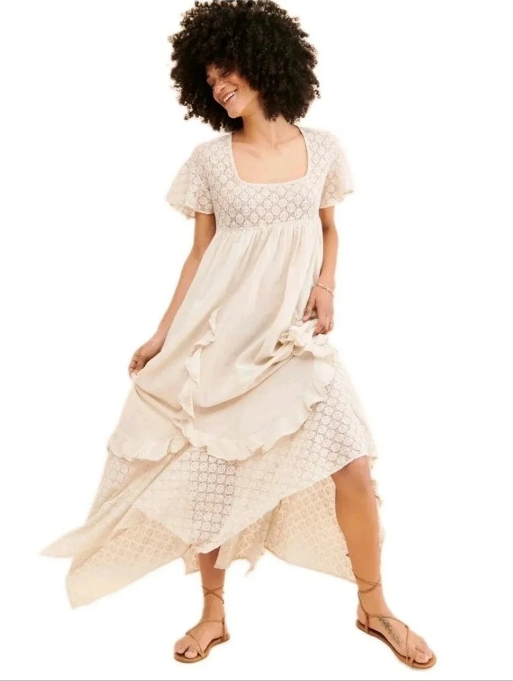 Free People Free-est Bring the Romance Neutral Flowy Boho MidiDress Sz: Small
